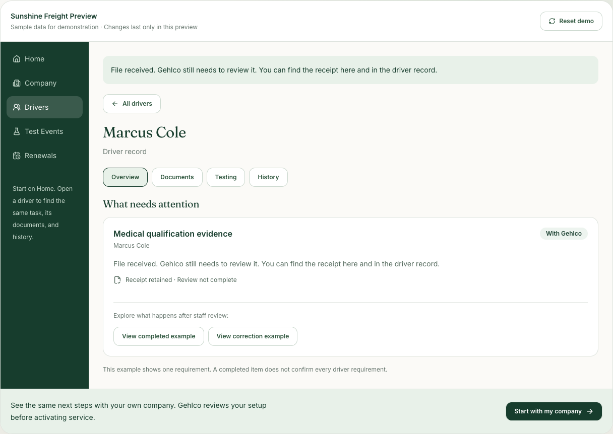 A received file remains visible while review is pending